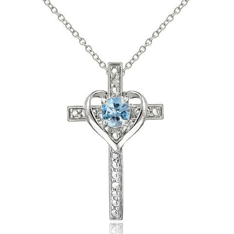 Diamond Accented Sterling Silver Cross Necklace - Blue Topaz