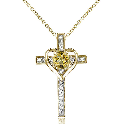 Diamond Accented Sterling Silver Cross Necklace - Gold Over Silver / Citrine