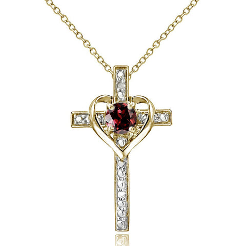 Diamond Accented Sterling Silver Cross Necklace - Gold Over Silver / Garnet