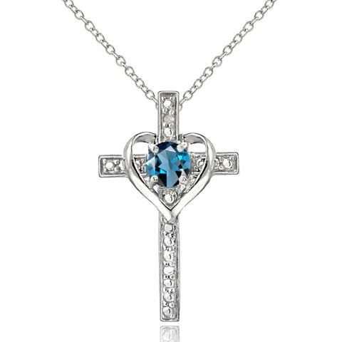 Diamond Accented Sterling Silver Cross Necklace - London Blue Topaz