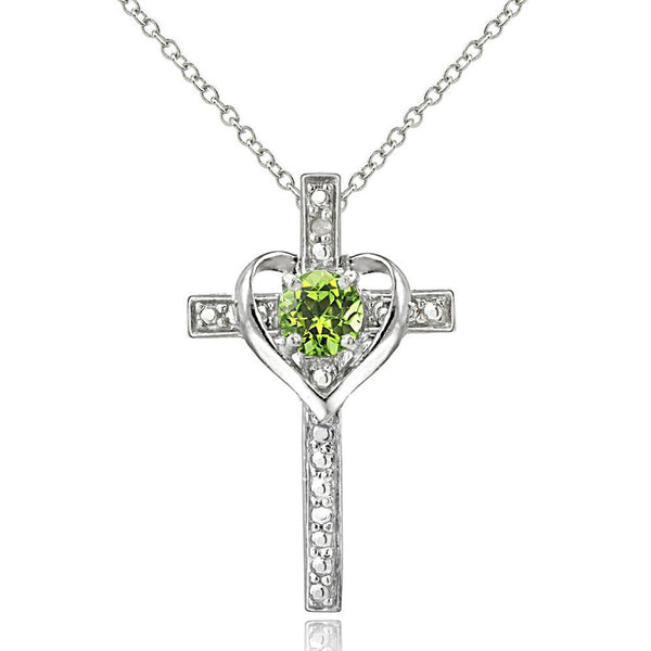 Diamond Accented Sterling Silver Cross Necklace - Peridot