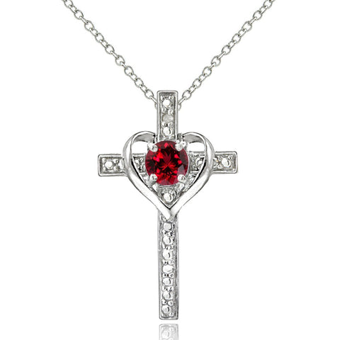 Diamond Accented Sterling Silver Cross Necklace - Created Ruby