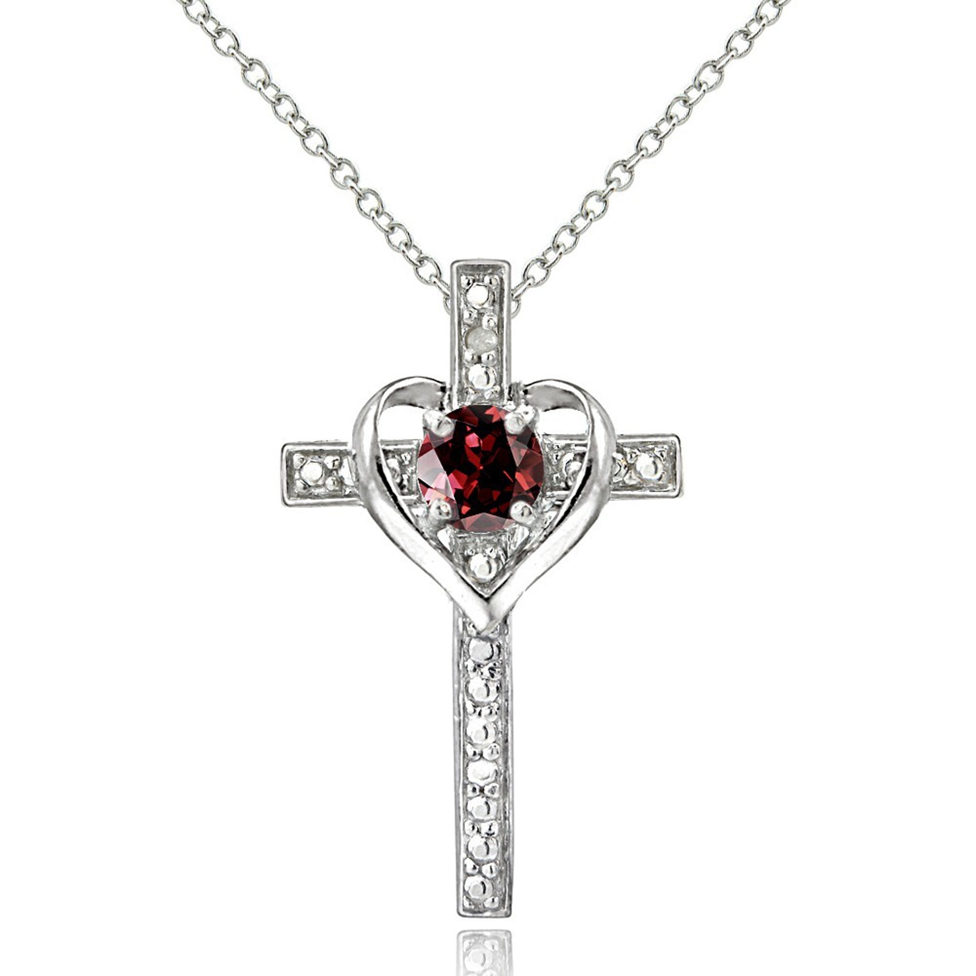 Diamond Accented Sterling Silver Cross Necklace - Silver / Garnet