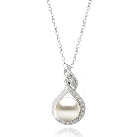 Sterling Silver Swirl Necklace With Freshwater Pearl & Diamond Accents