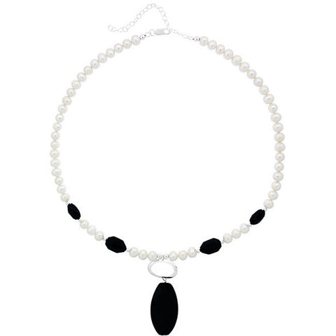 Freshwater Pearl & Onyx Stone Sterling Silver Necklace
