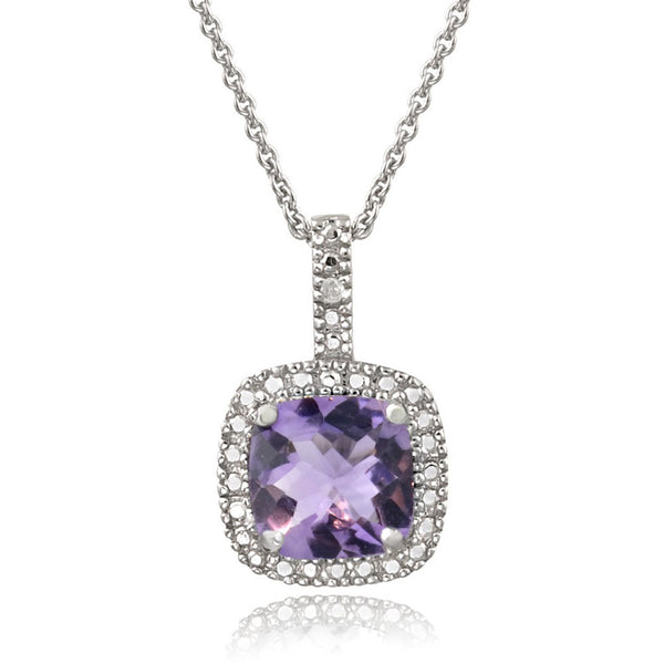 Square Necklace With Gemstone & Diamond Accents in Sterling Silver - Amethyst