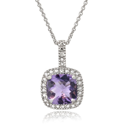 Square Necklace With Gemstone & Diamond Accents in Sterling Silver - Amethyst