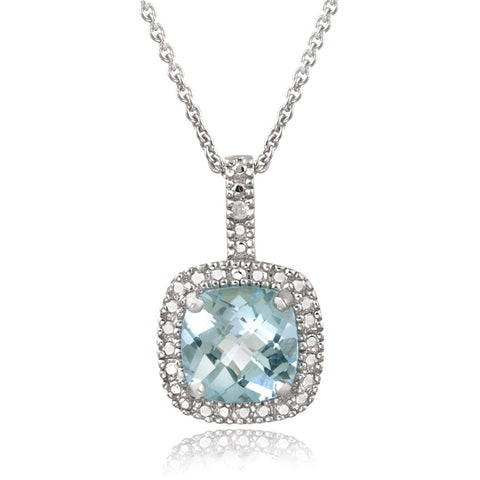 Square Necklace With Gemstone & Diamond Accents in Sterling Silver - Blue Topaz