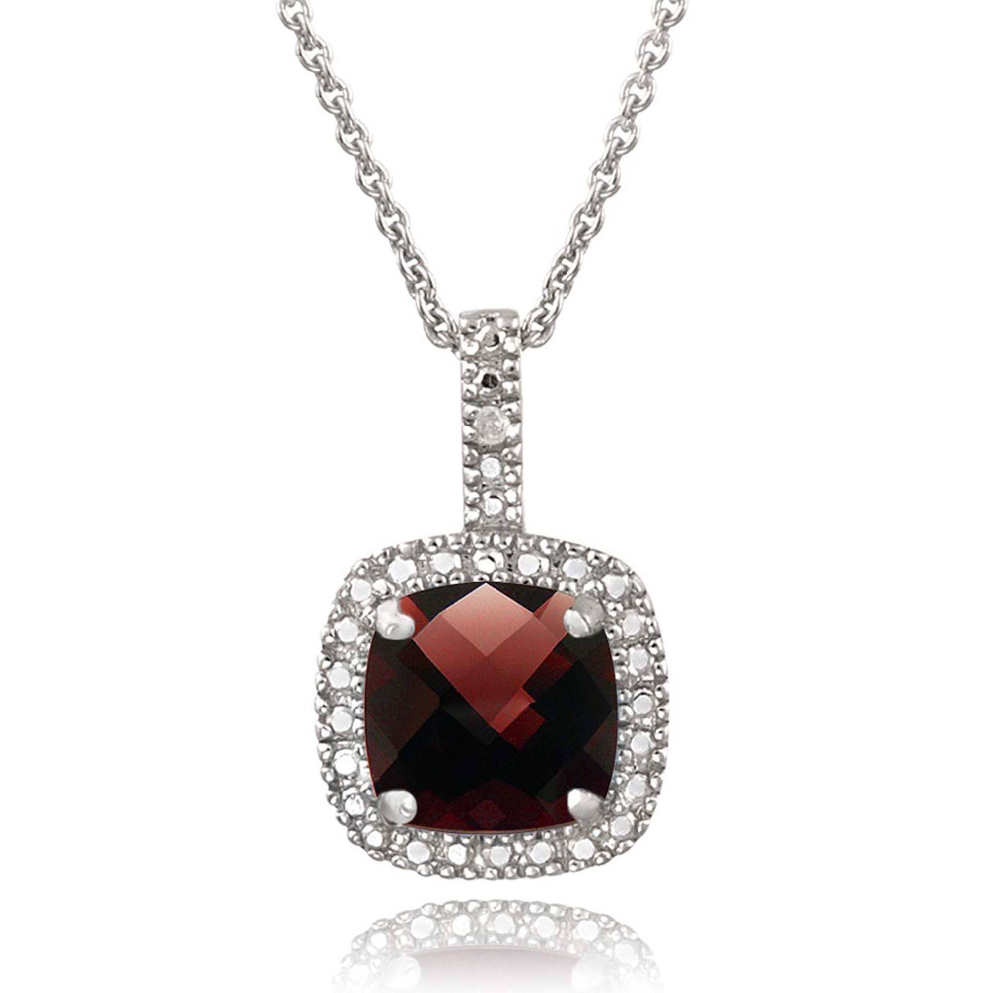 Square Necklace With Gemstone & Diamond Accents in Sterling Silver - Garnet