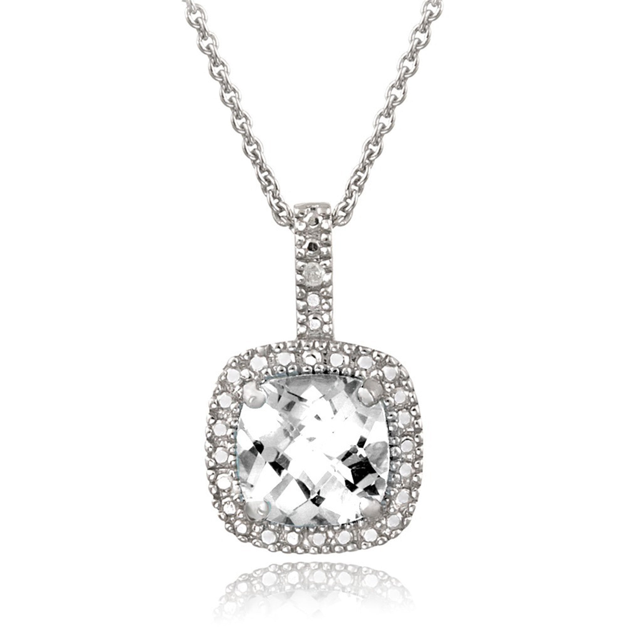 Square Necklace With Gemstone & Diamond Accents in Sterling Silver - White Topaz