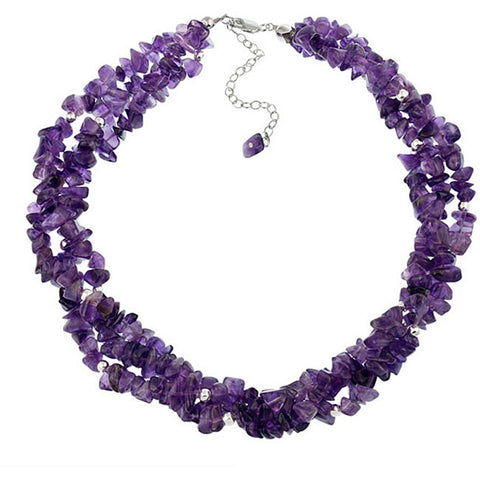 Multi Strand Gemstone Chip Sterling Silver Necklace - Amethyst