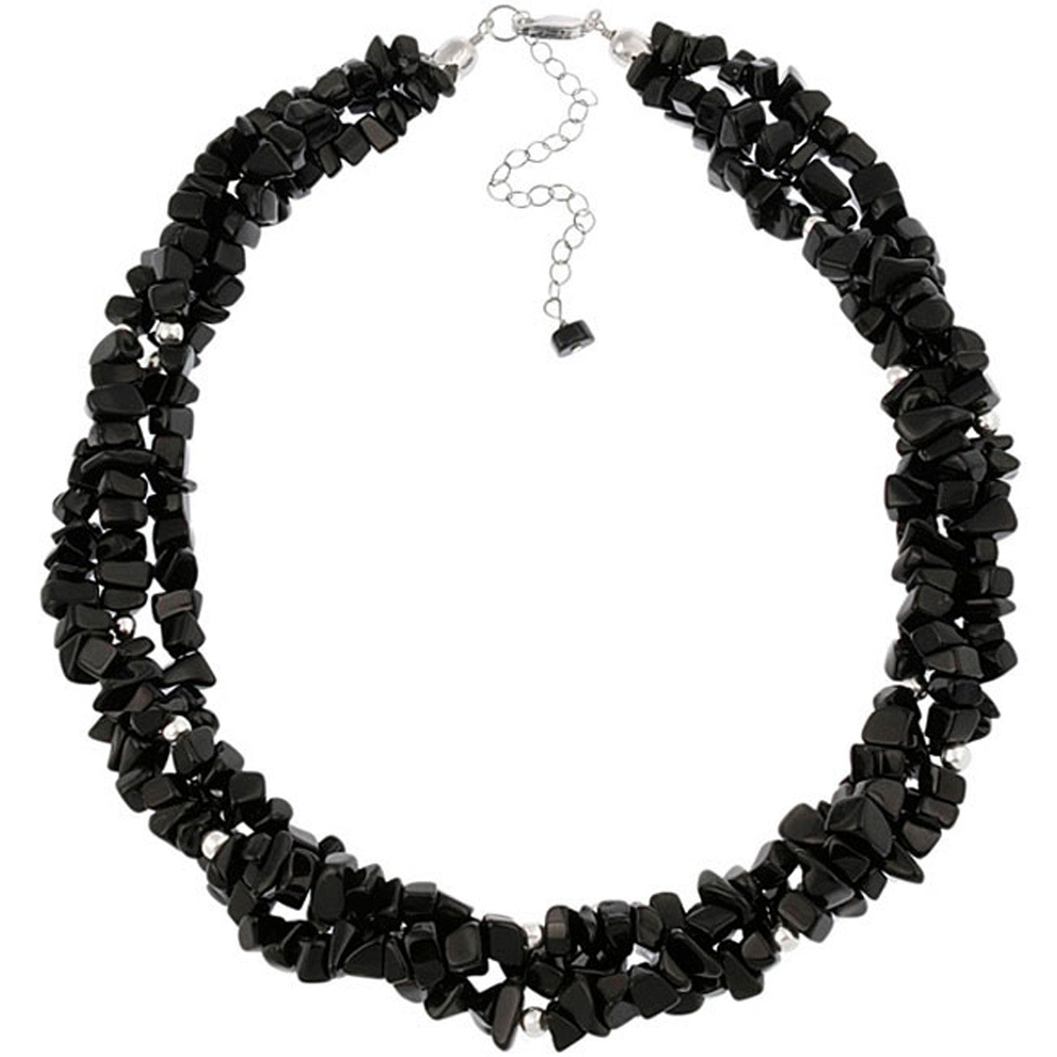Multi Strand Gemstone Chip Sterling Silver Necklace - Onyx