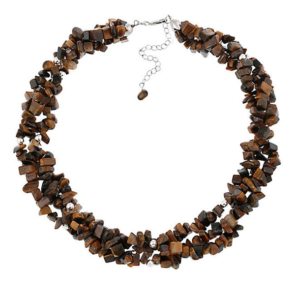Multi Strand Gemstone Chip Sterling Silver Necklace - Tiger Eye