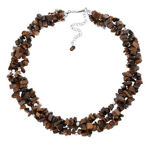 Multi Strand Gemstone Chip Sterling Silver Necklace - Tiger Eye