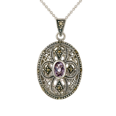 Marcasite & Amthyst Sterling Silver Oval Pendant