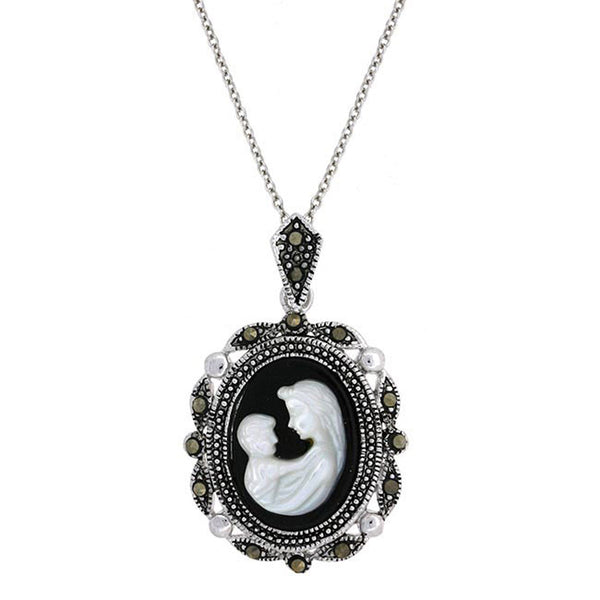 Sterling Silver Mother & Child Marcasite Cameo Necklace
