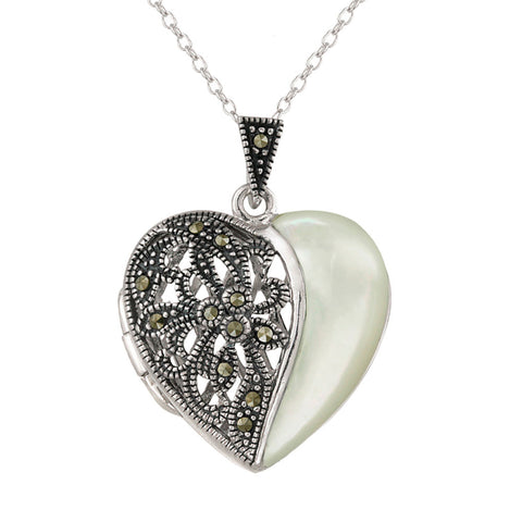 Marcasite & Sterling Silver Heart Locket Necklace - Mother of Pearl