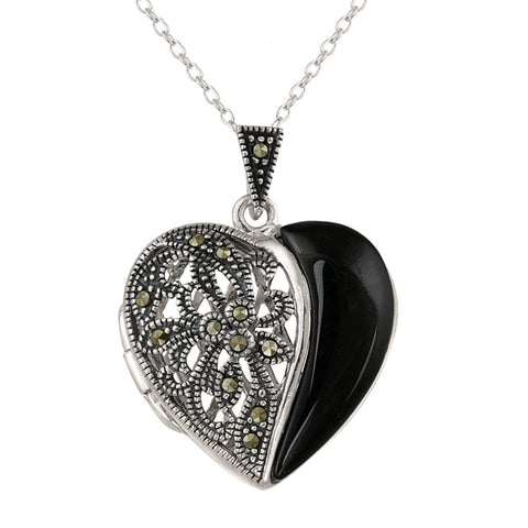 Marcasite & Sterling Silver Heart Locket Necklace - Onyx