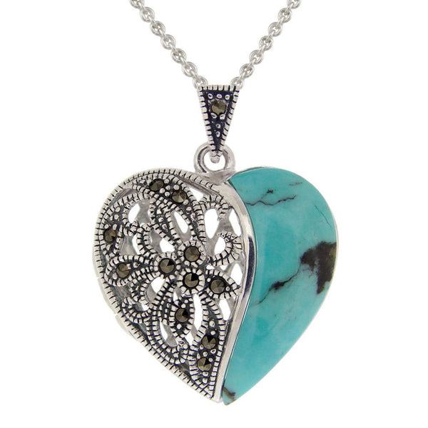 Marcasite & Sterling Silver Heart Locket Necklace - Turquoise