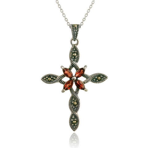 Marcasite & Garnet Cross Pendant in Sterling Silver
