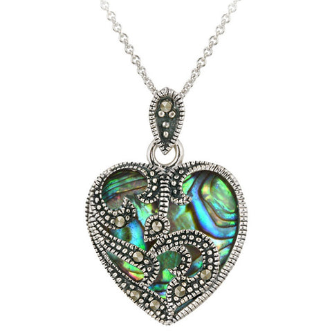 Marcasite & Gemstone Heart Sterling Silver Necklace - Abalone