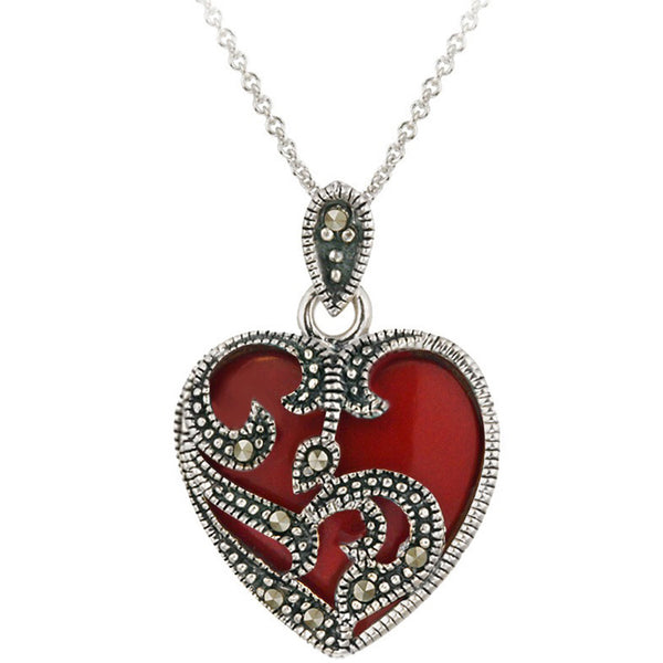 Marcasite & Gemstone Heart Sterling Silver Necklace - Coral