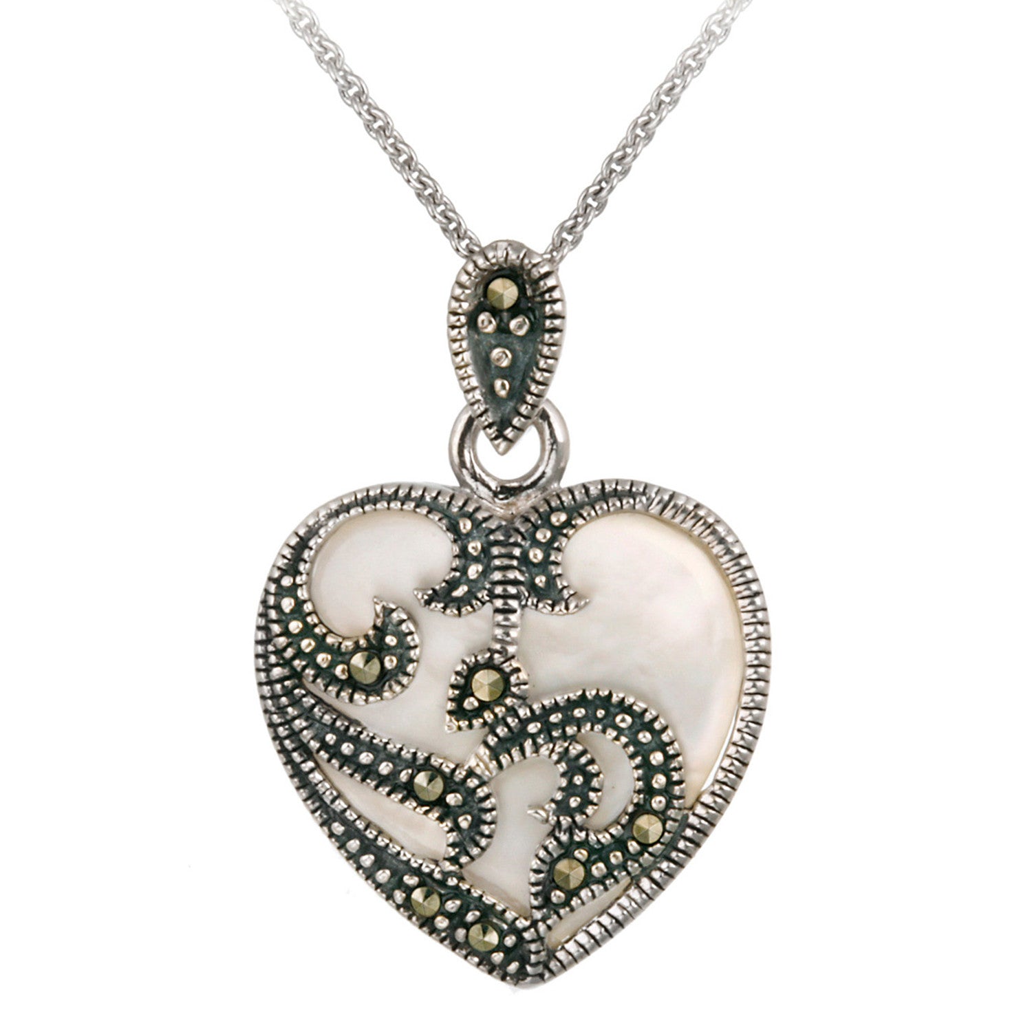 Marcasite & Gemstone Heart Sterling Silver Necklace - Mother Of Pearl