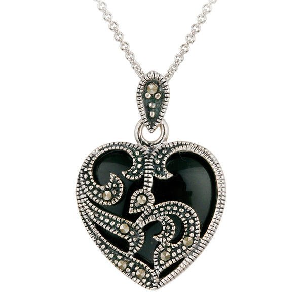 Marcasite & Gemstone Heart Sterling Silver Necklace - Onyx