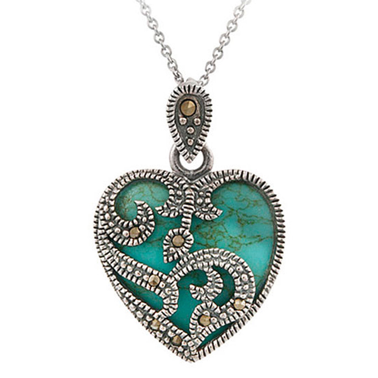 Marcasite & Gemstone Heart Sterling Silver Necklace - Turquoise