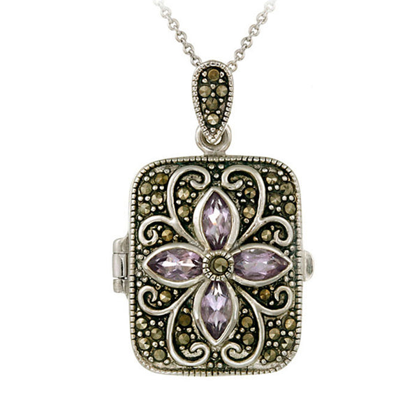 Marcasite & Gemstone Accented Sterling Silver Locket Necklace - Amethyst