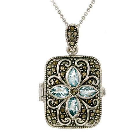 Marcasite & Gemstone Accented Sterling Silver Locket Necklace - Blue Topaz