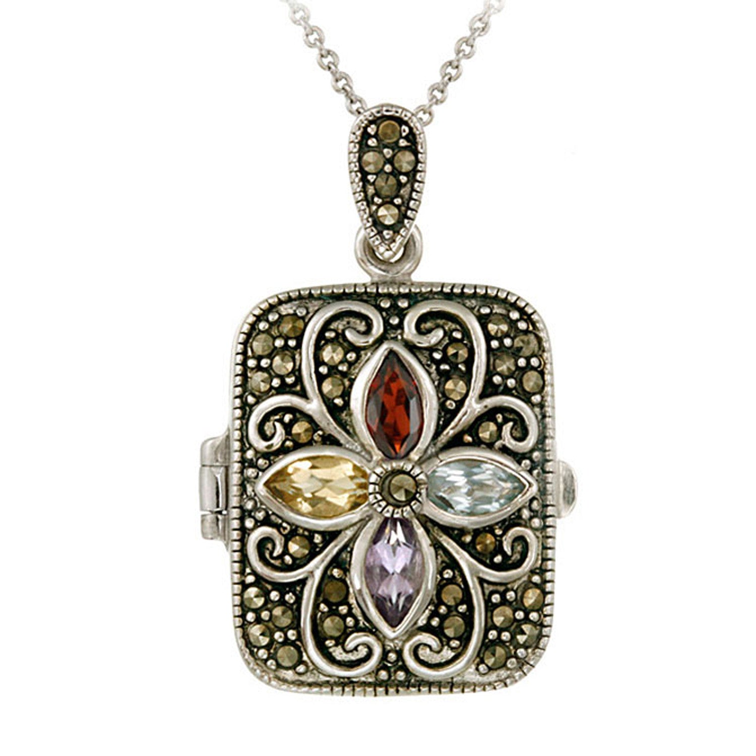 Marcasite & Gemstone Accented Sterling Silver Locket Necklace - Multi