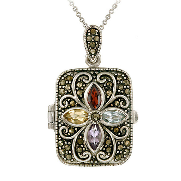 Marcasite & Gemstone Accented Sterling Silver Locket Necklace - Garnet