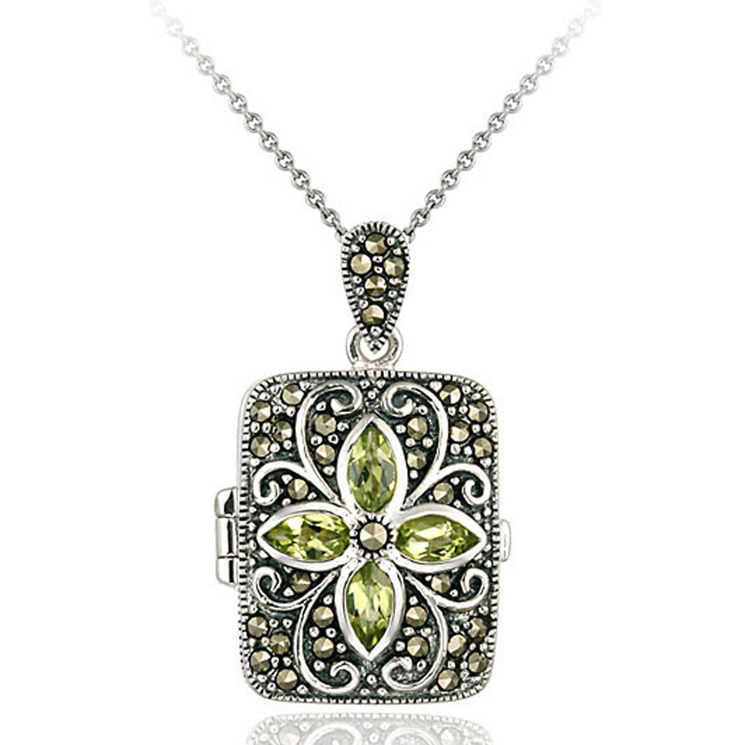 Marcasite & Gemstone Accented Sterling Silver Locket Necklace - Peridot