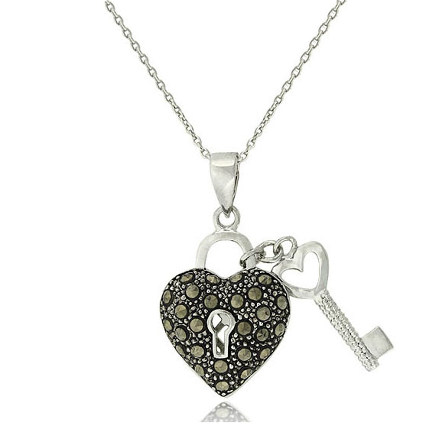 Marcasite Sterling Silver Heart & Key Necklace