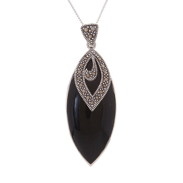 Marcasite & Onyx Pendant in Sterling Silver