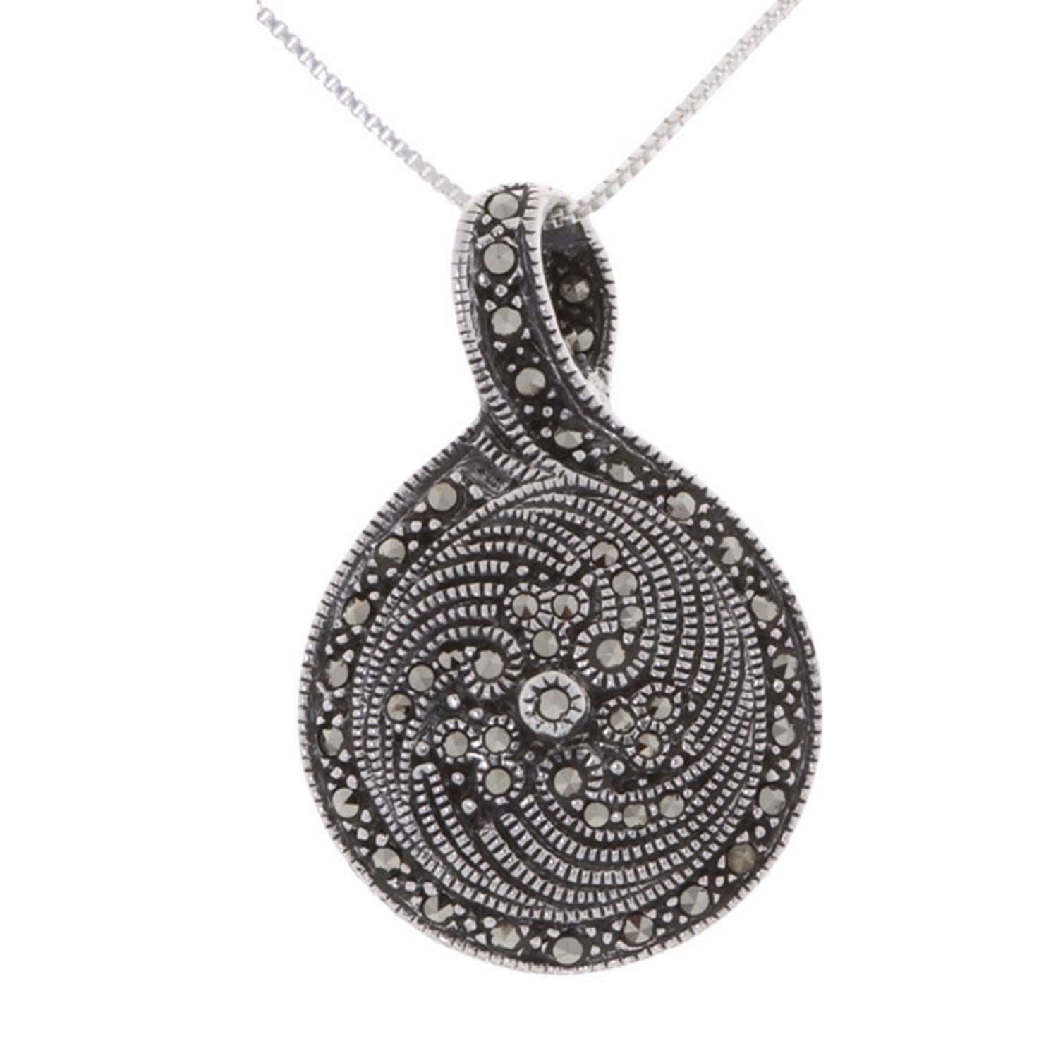 Marcasite & Onyx Oval Pendant in Sterling Silver