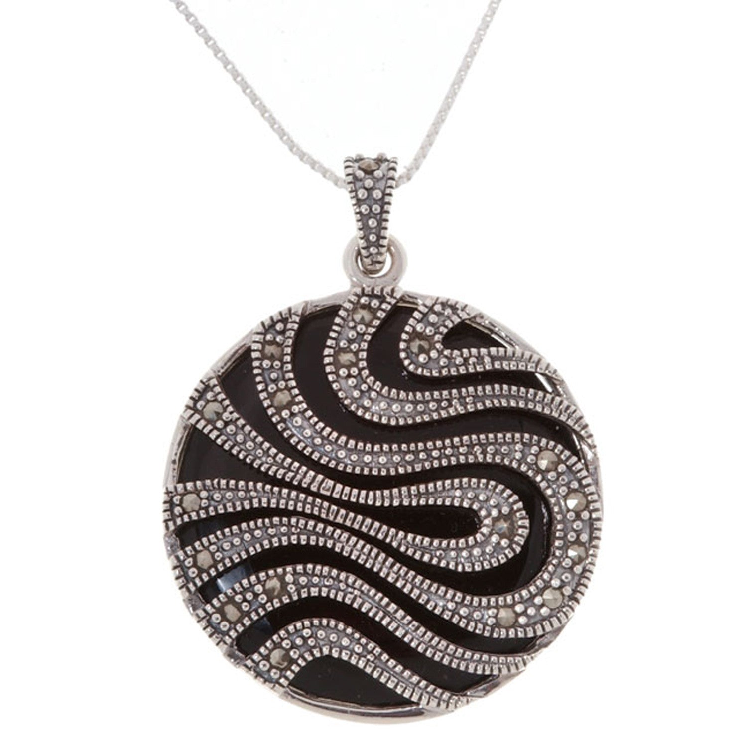 Marcasite & Onyx Stone Sterling Silver Circle Pendant