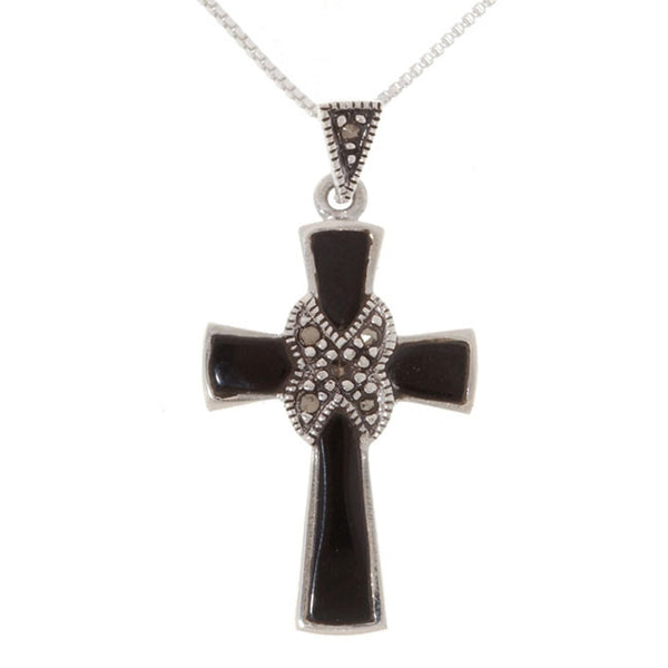Marcasite & Onyx Stone Sterling Silver Cross Pendant