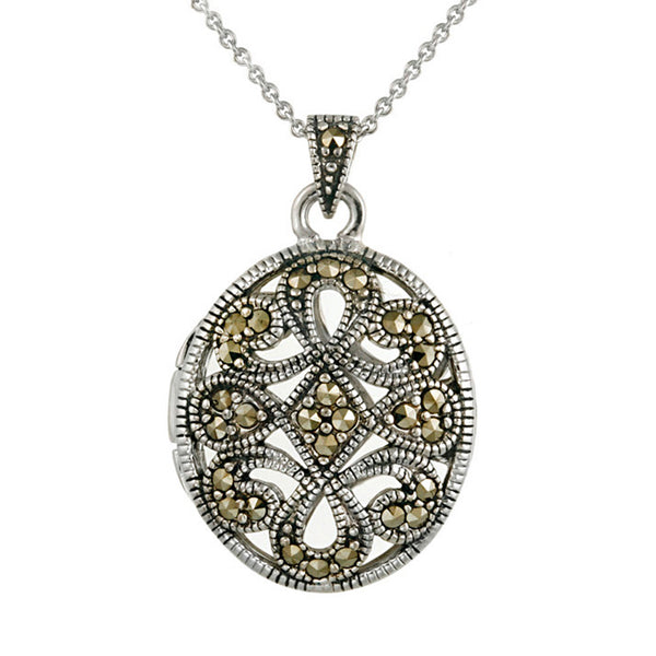 Marcasite Oval Locket Necklace With Filigree Design