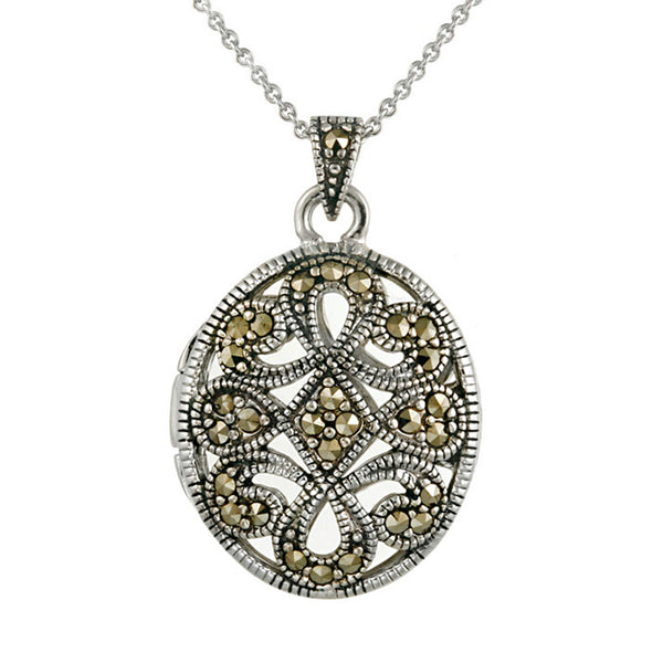 Marcasite Oval Locket Necklace With Filigree Design
