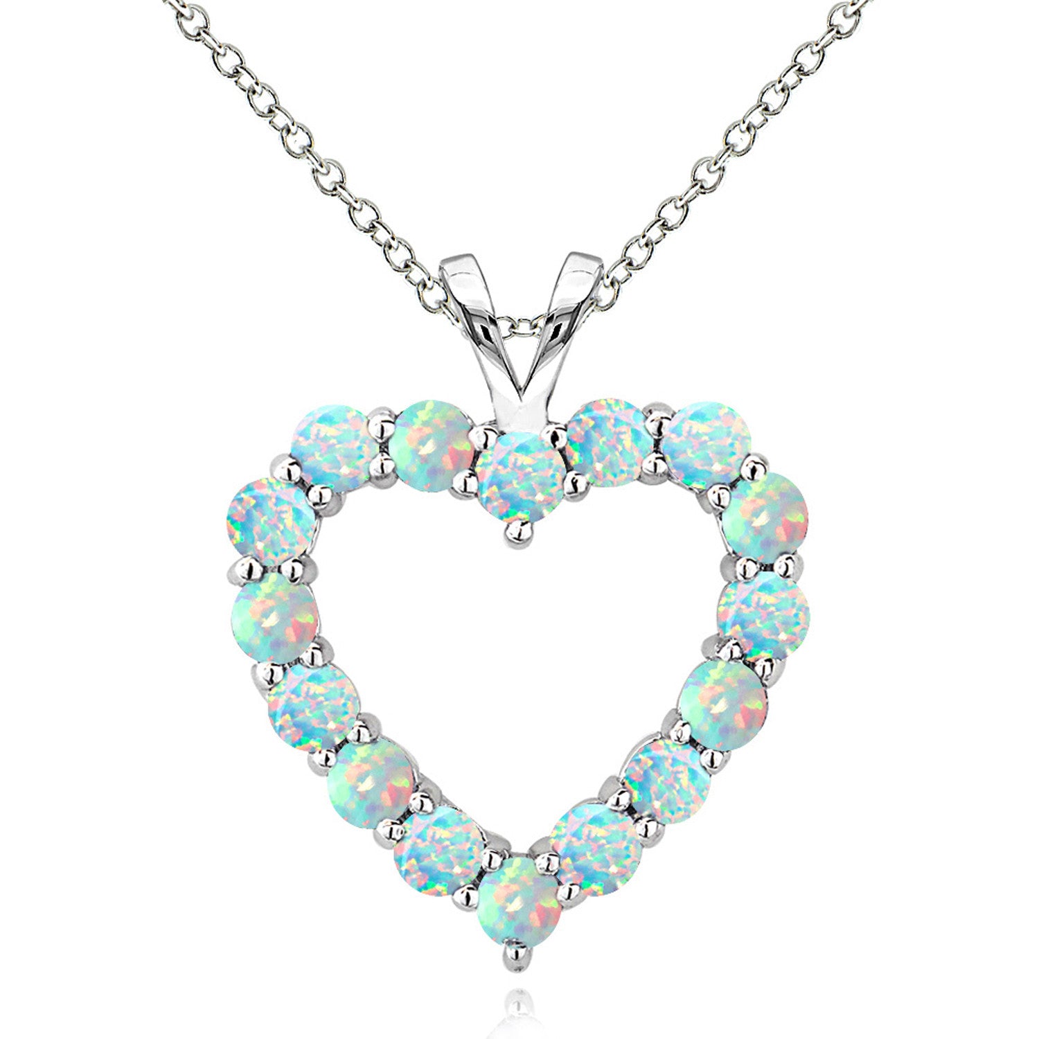 Open Heart Birthstone Necklace in Sterling Silver - October Created Opal