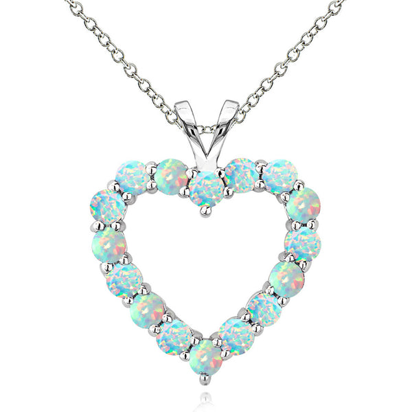 Open Heart Birthstone Necklace in Sterling Silver - October Created Opal