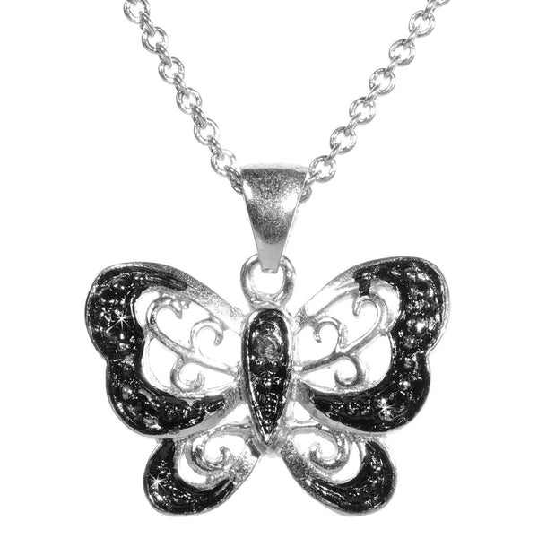 Black Diamond Accented Silver Butterfly Pendant