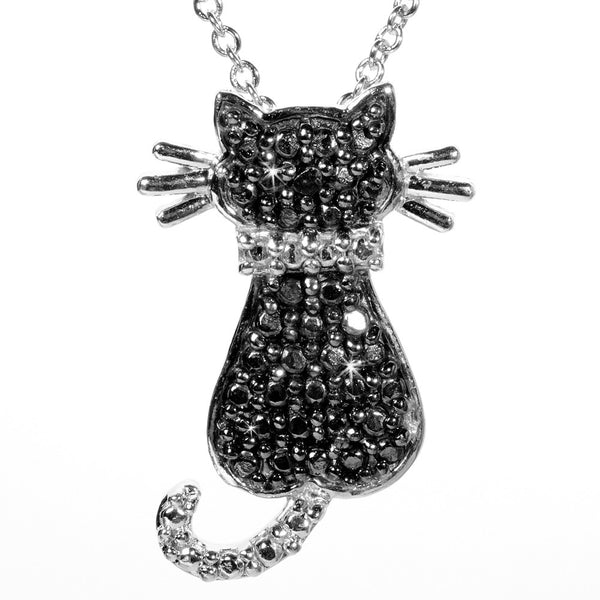 Black Diamond Accented Silver Cat Pendant
