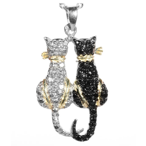 Black Diamond Accented Silver Cats Pendant