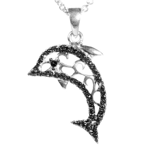 Black Diamond Accented Silver Dolphin Pendant