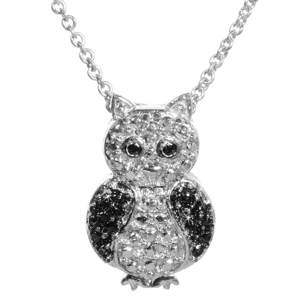 Black Diamond Accented Silver Owl Pendant